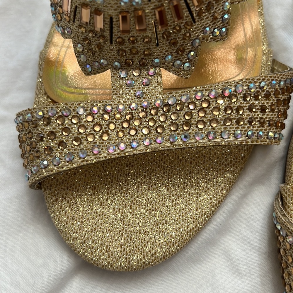 First Sight Gold Rhinestone Sandals - Picture 10 of 11